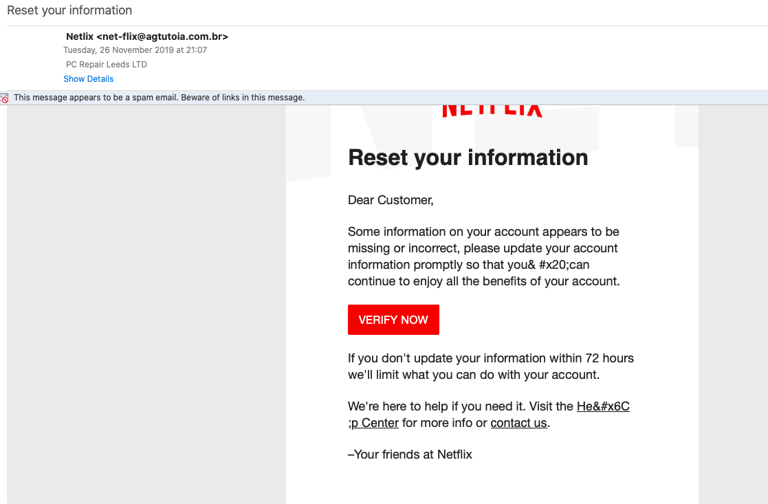 Netflix Fake email