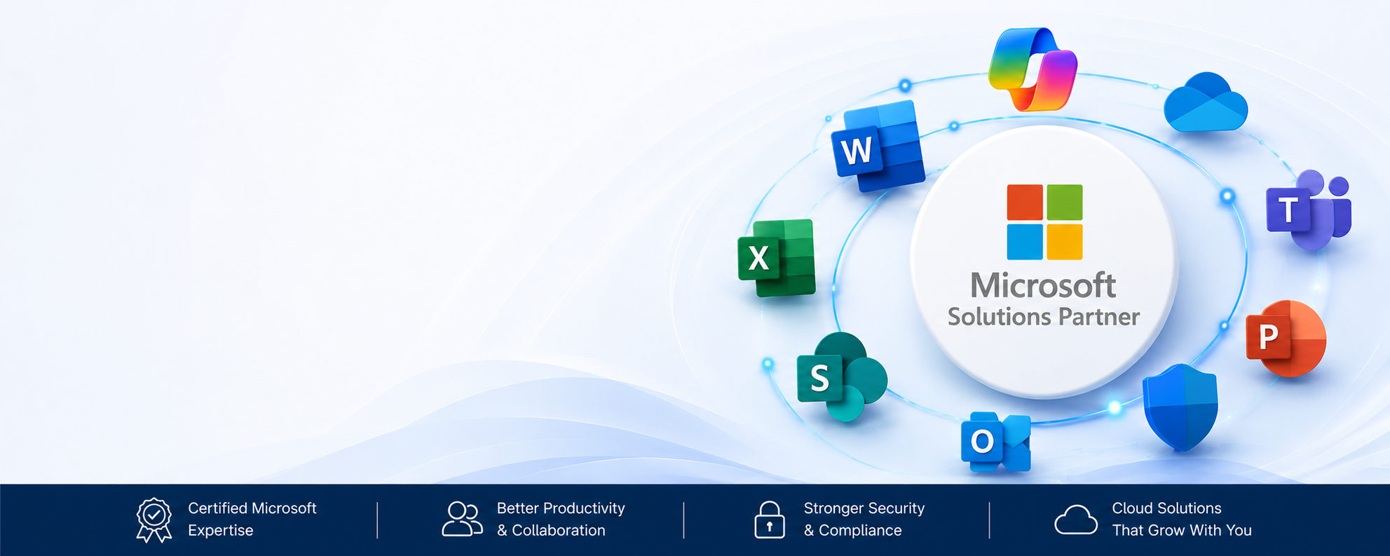 WordPress banner QLine IT Microsoft Solutions Partner banner showing Microsoft 365 apps and key client benefits