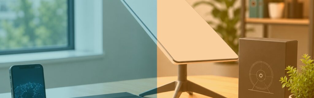Starlink dish, Teltonika router and smartphone on an office desk representing backup internet connectivity, in QLine IT teal and orange