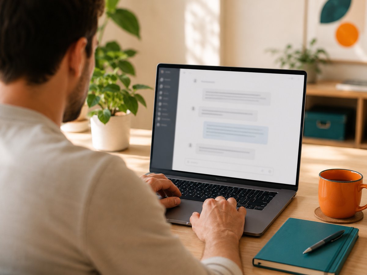 Person at a laptop using an AI chat assistant in a bright office