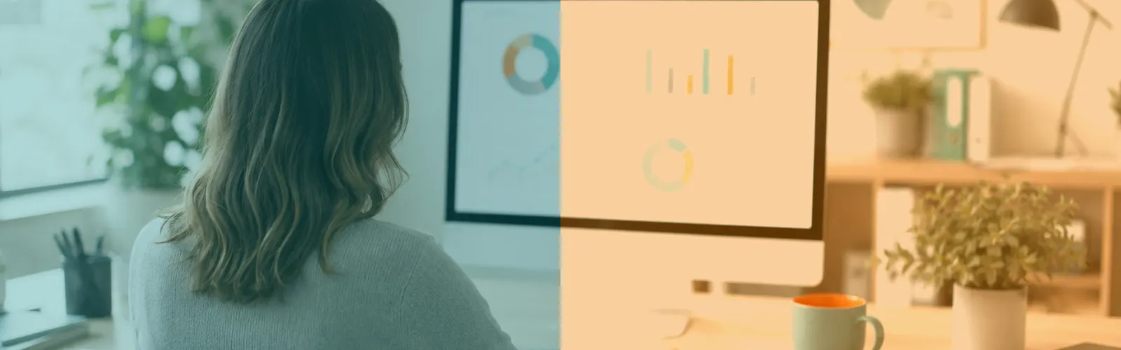 Person at a desk reviewing a business dashboard with charts, with QLine IT teal and orange brand colours