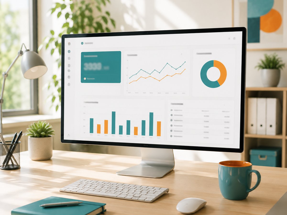 Monitor on a tidy desk showing a business dashboard with teal and orange charts and a summary figure