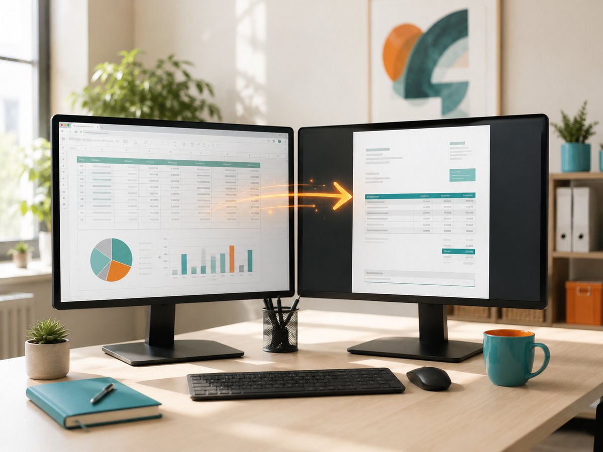 Two monitors side by side with an orange arrow showing information flowing automatically between a spreadsheet and an invoice