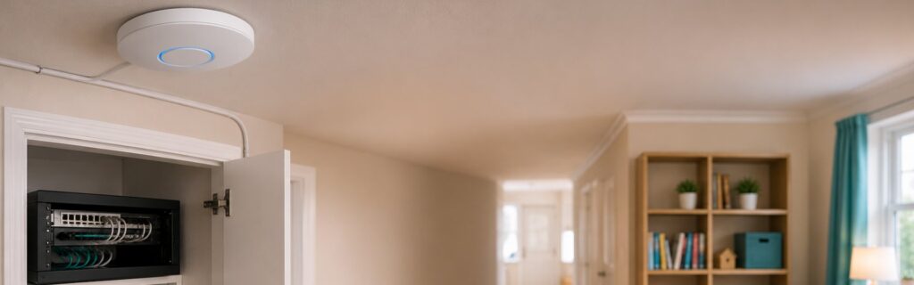 Ceiling mounted wireless access point and tidy network cabinet in a homely childrens home hallway with a cosy lounge beyond