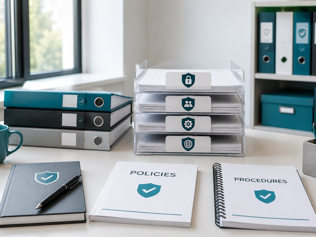 Desk with labelled policies and procedures documents, filing trays and binders representing company IT procedures