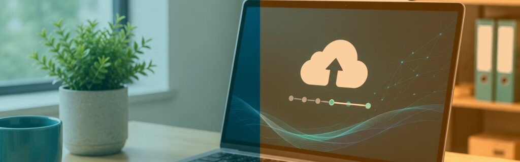 Laptop showing a cloud backup upload graphic beside an external backup drive, in QLine IT teal and orange