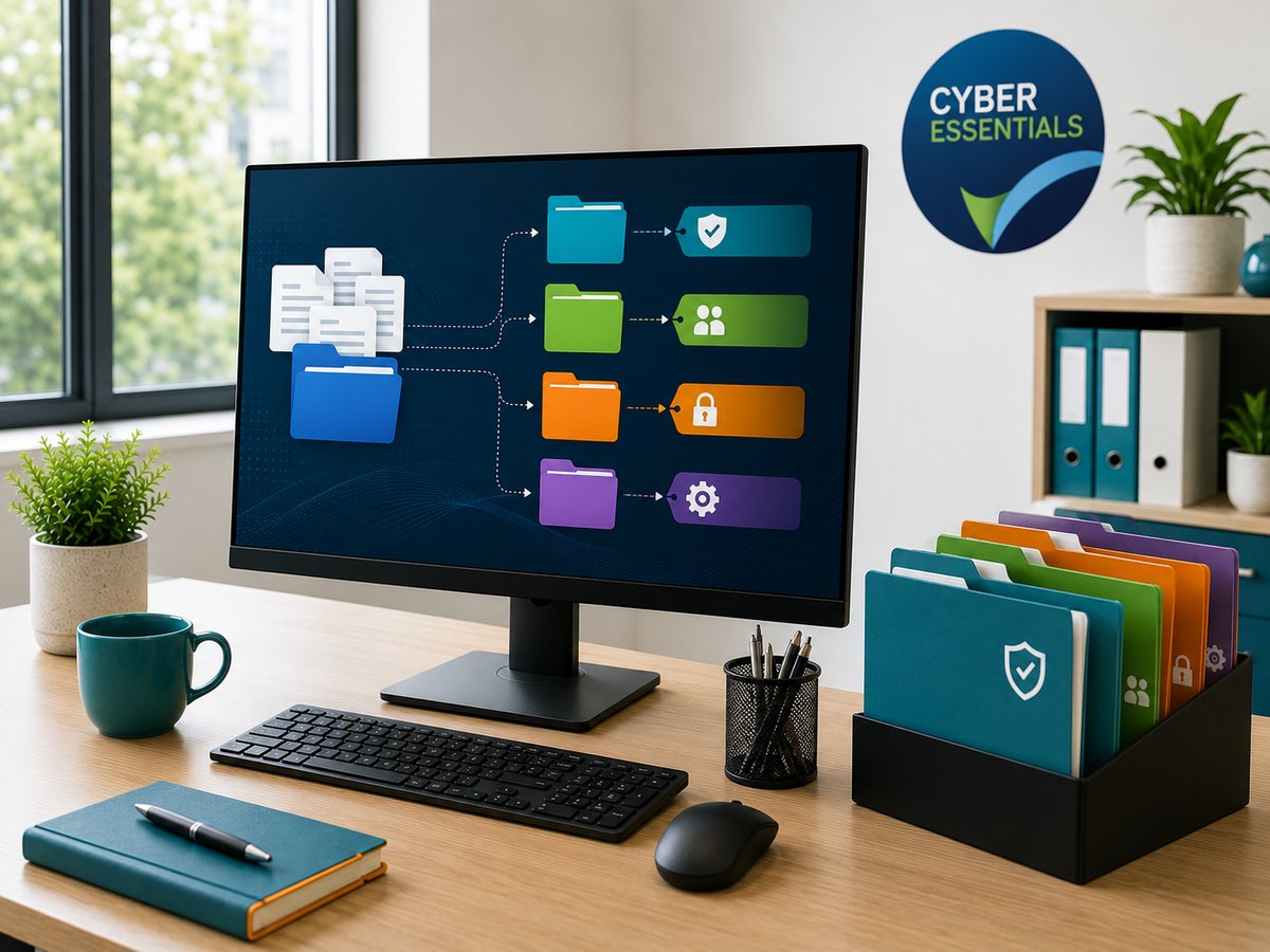 Monitor showing documents being sorted into colour coded folder categories, with matching colour coded folders on the desk