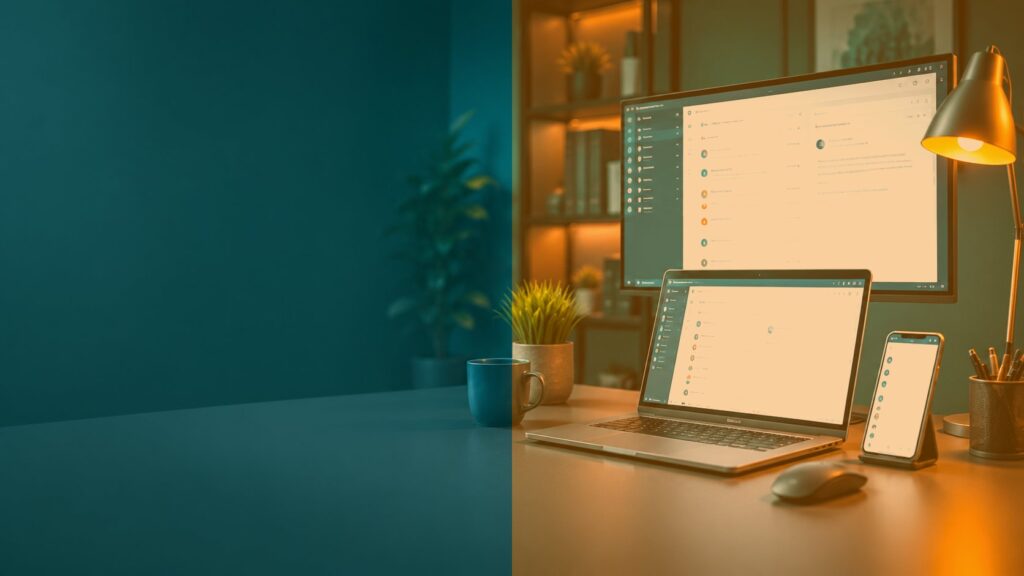 Business email on desktop, laptop and phone, QLine IT teal and orange brand banner