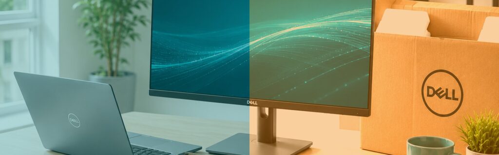 Dell laptop and monitor beside a Dell delivery box on an office desk, in QLine IT teal and orange