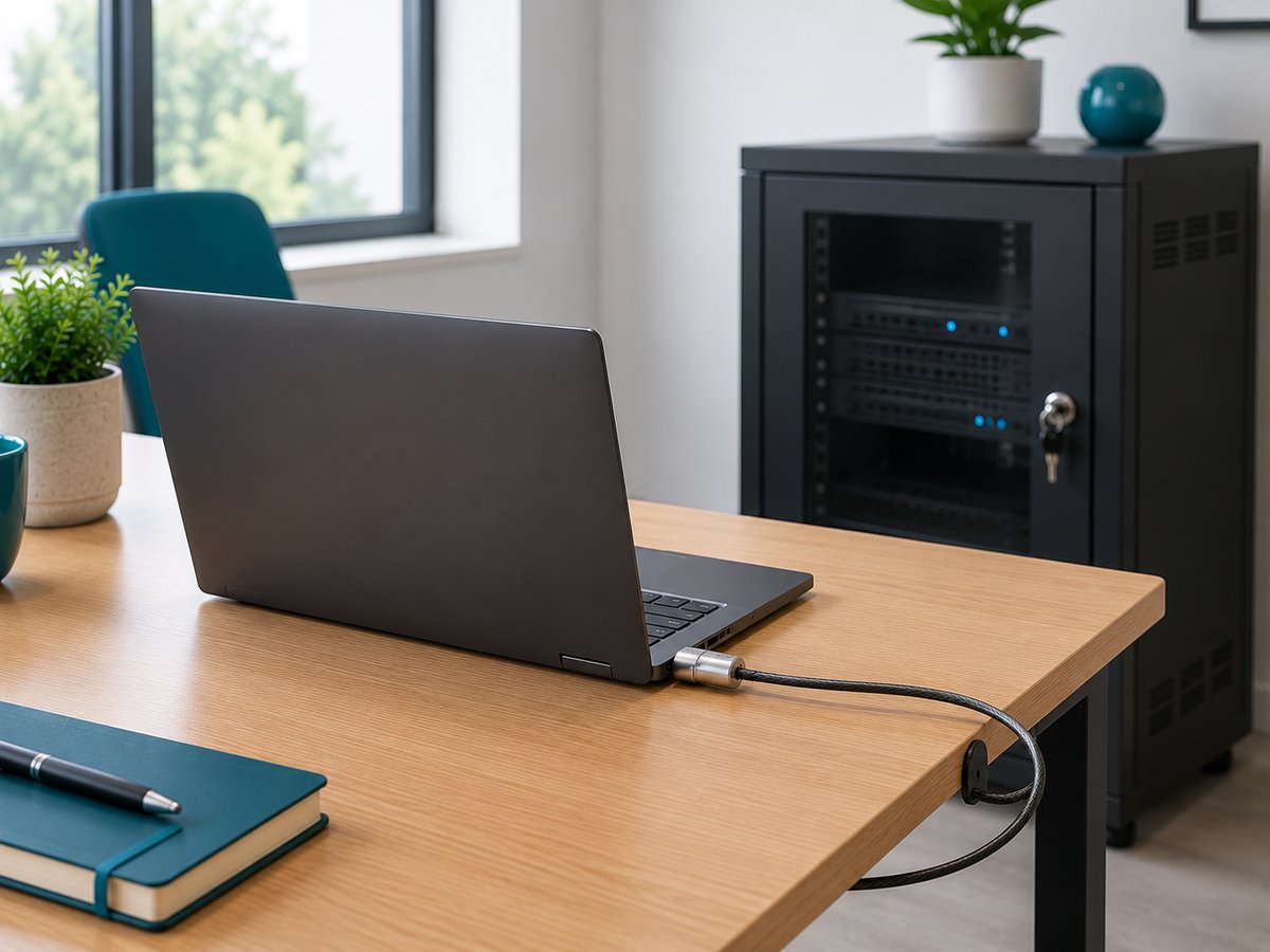 Laptop secured to an office desk with a cable lock beside a locked server cabinet with the key in its door