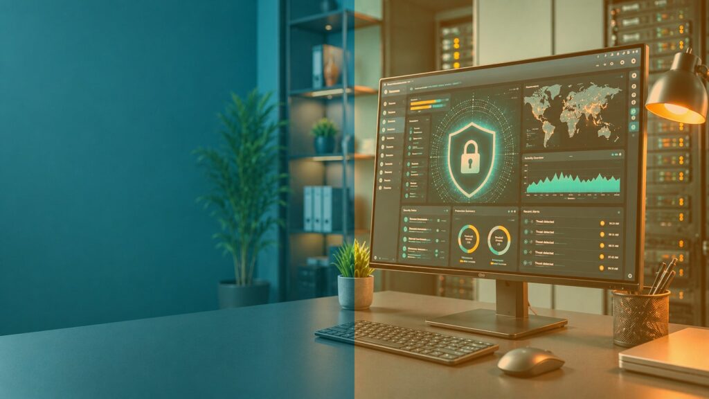 IT support workstation with a security dashboard, QLine IT teal and orange brand banner