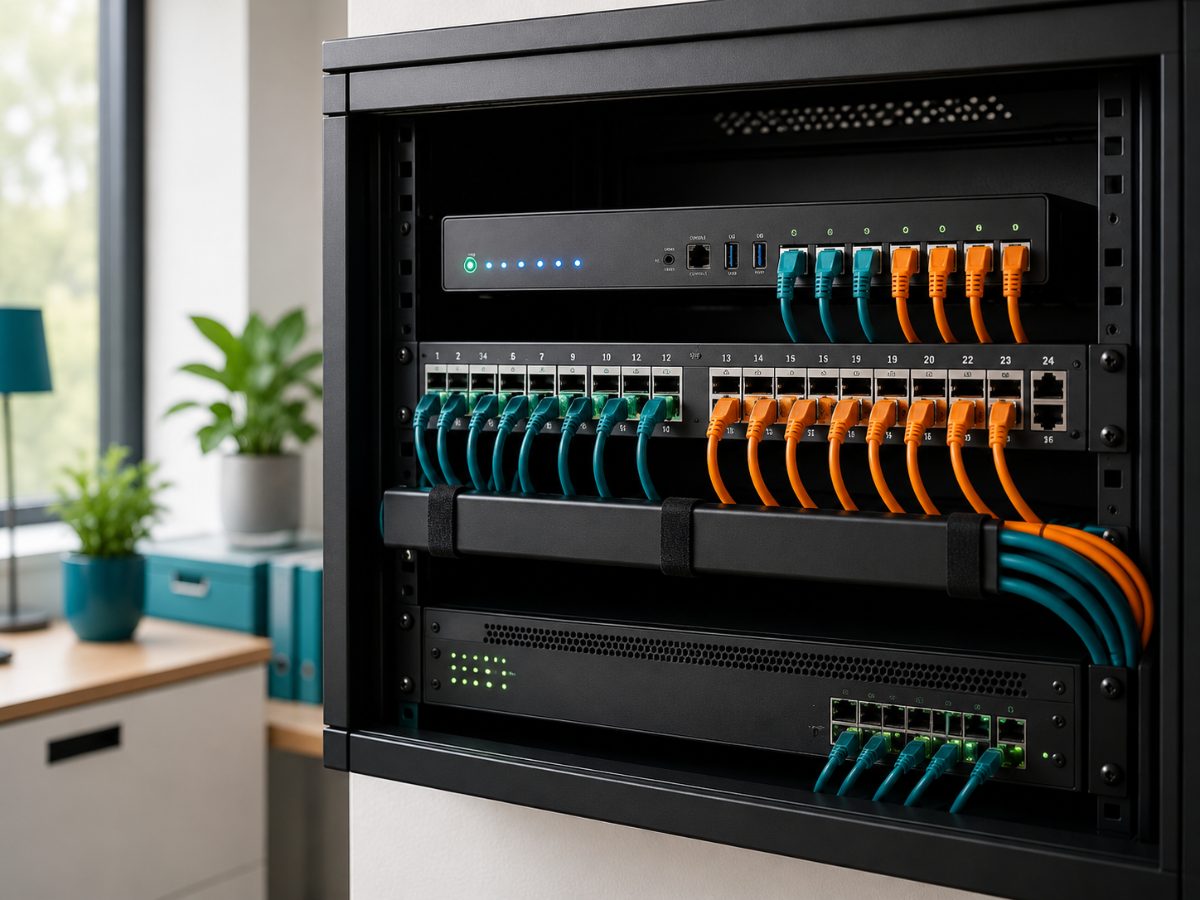 Tidy network cabinet with a switch, firewall router and neatly routed teal and orange patch cables