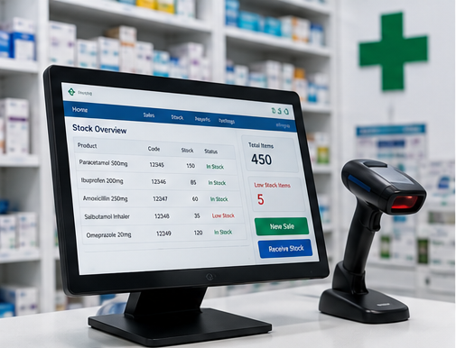 Pharmacy EPOS till and stock management screen with barcode scanner