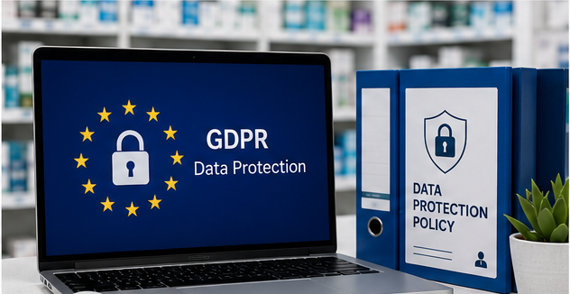 Laptop showing GDPR data protection alongside a data protection policy folder