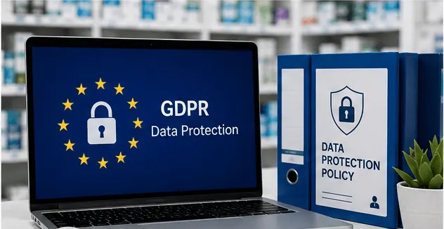 Laptop showing data protection alongside a policy folder