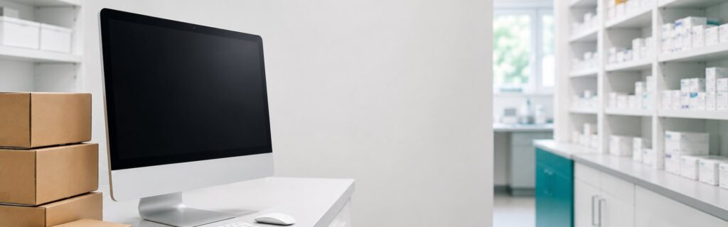 New all in one computer and boxed replacement PCs on a desk in a pharmacy back office with dispensary shelving beyond
