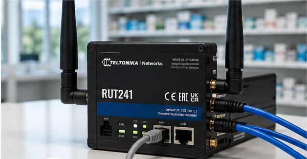 Teltonika RUT241 router providing 4G internet failover for a pharmacy