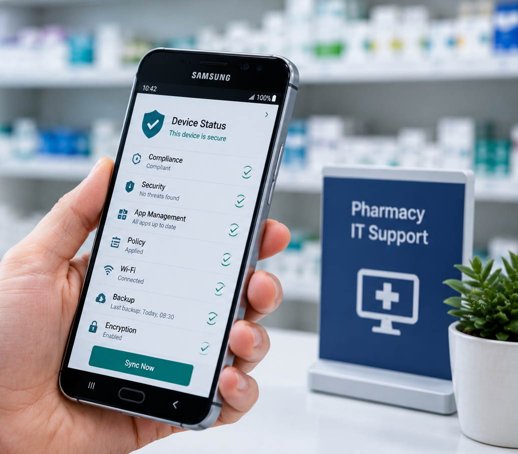 Pharmacist holding a smartphone showing mobile device management security status