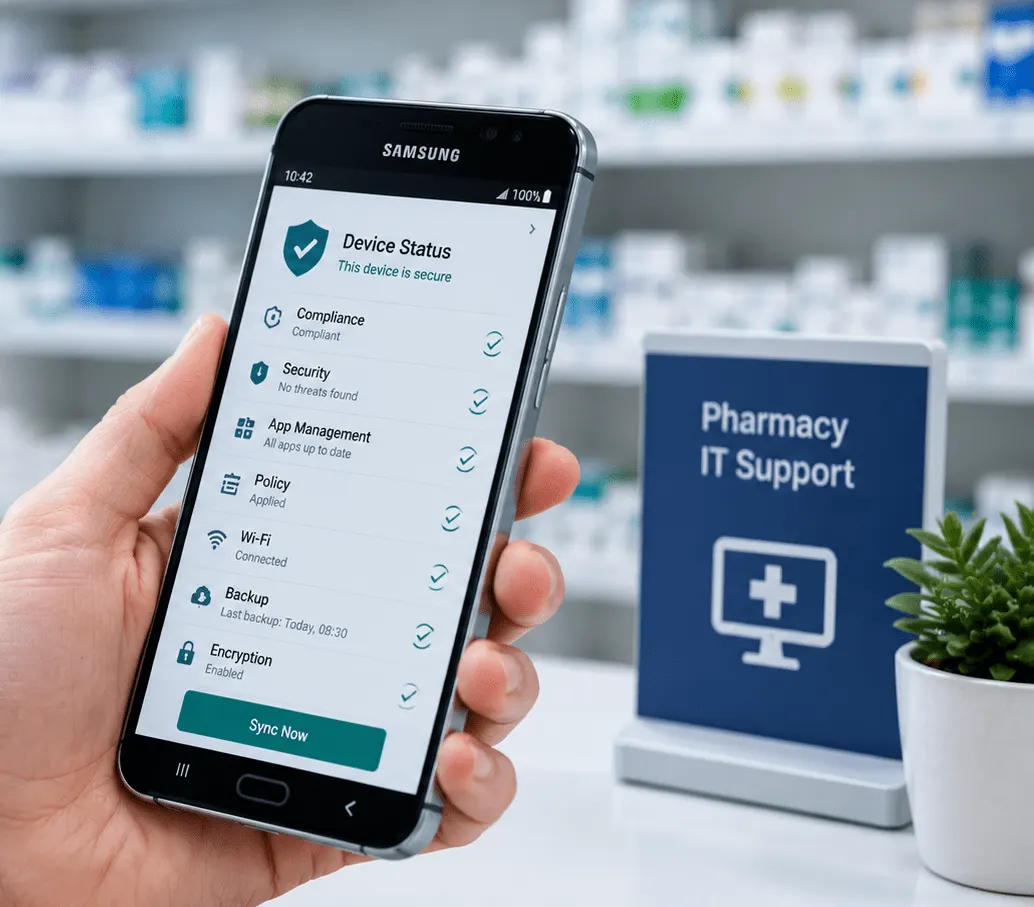 Pharmacist holding a smartphone showing device management status
