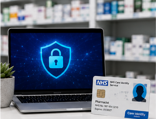 Laptop with a security shield and an NHS Care Identity smartcard used for pharmacy computer access