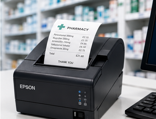 Epson printer dispensing a pharmacy prescription receipt
