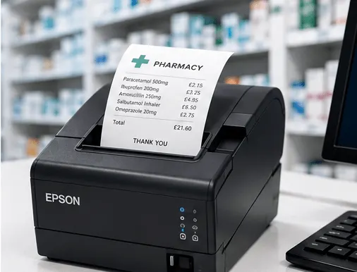 Printer producing a pharmacy prescription label