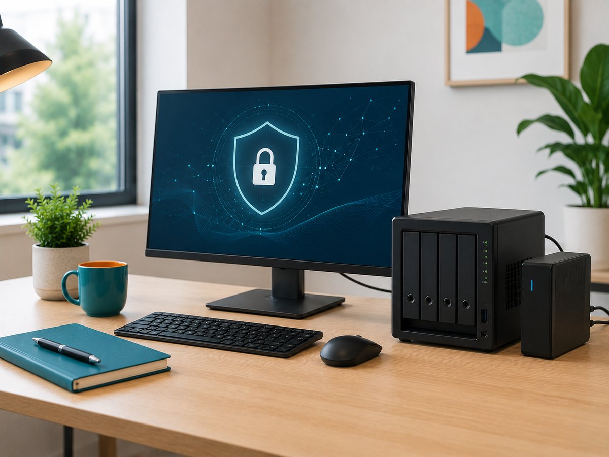 Desk with a monitor showing a security shield graphic next to a network backup drive, representing company data protection