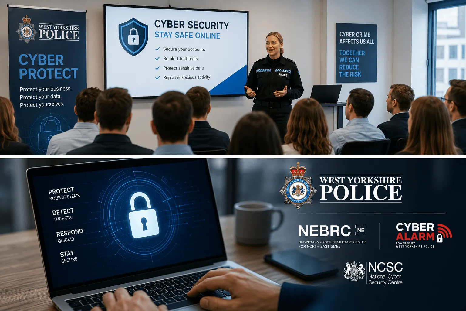 West Yorkshire Police Cyber Protect Officer delivering free cyber security training to a business audience