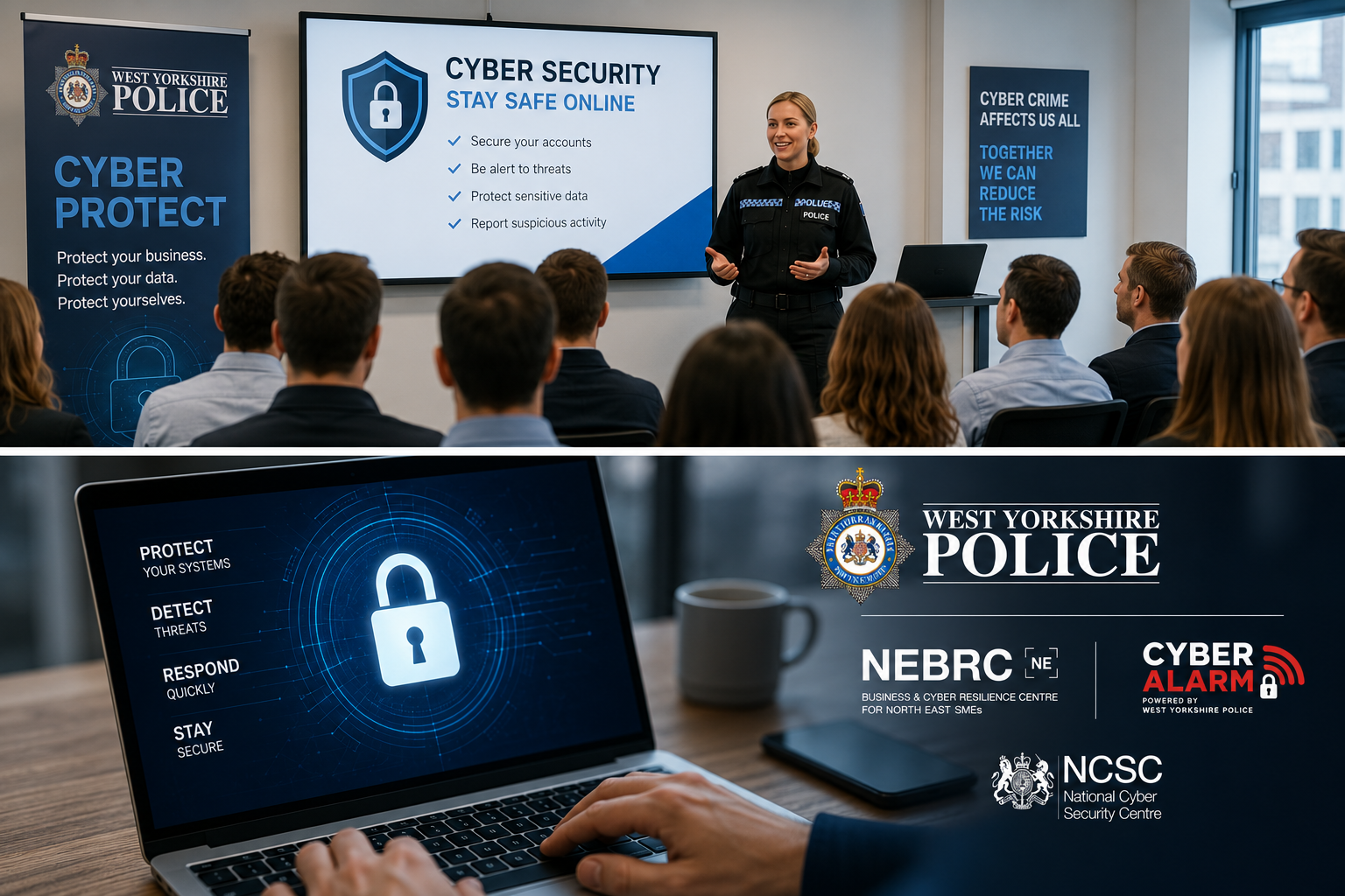 West Yorkshire Police Cyber Protect partner logos including NEBRC, Police CyberAlarm and NCSC