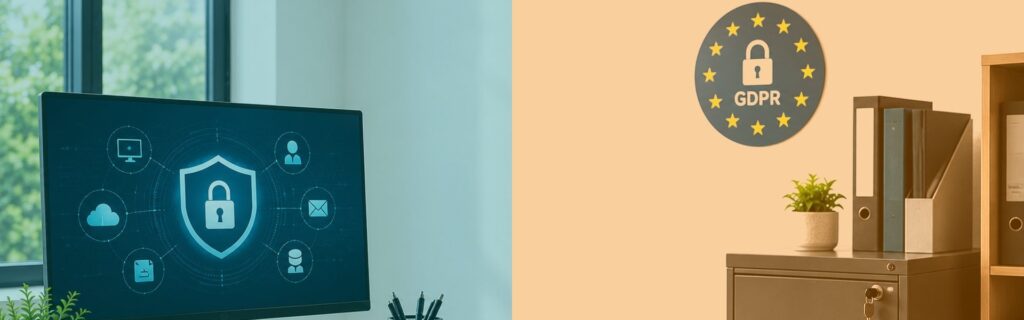 Office desk with a monitor showing a security shield dashboard beside a locked filing cabinet and GDPR wall plaque, in QLine IT teal and orange