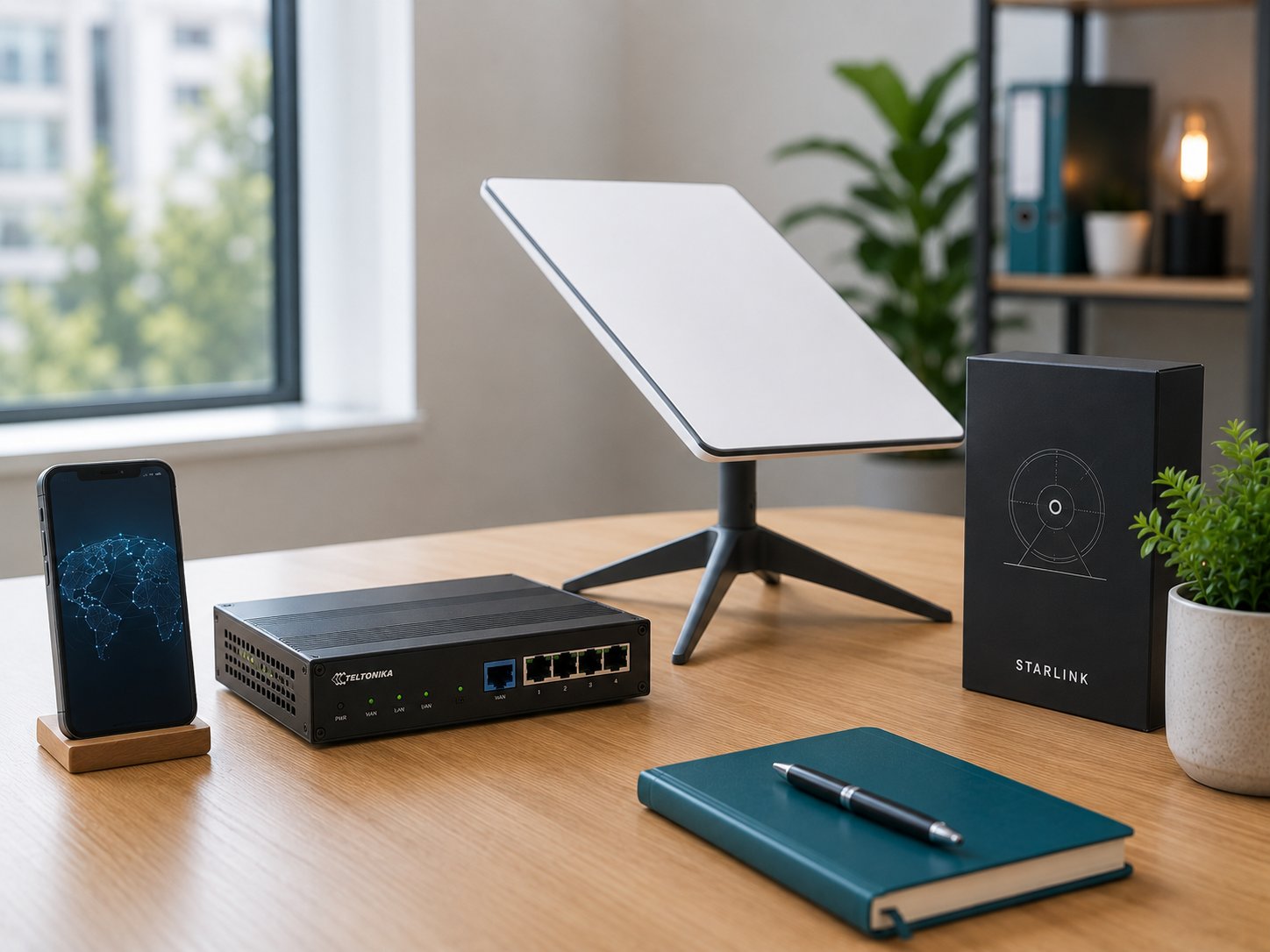 Starlink dish, Teltonika 4G router and phone for backup internet connectivity