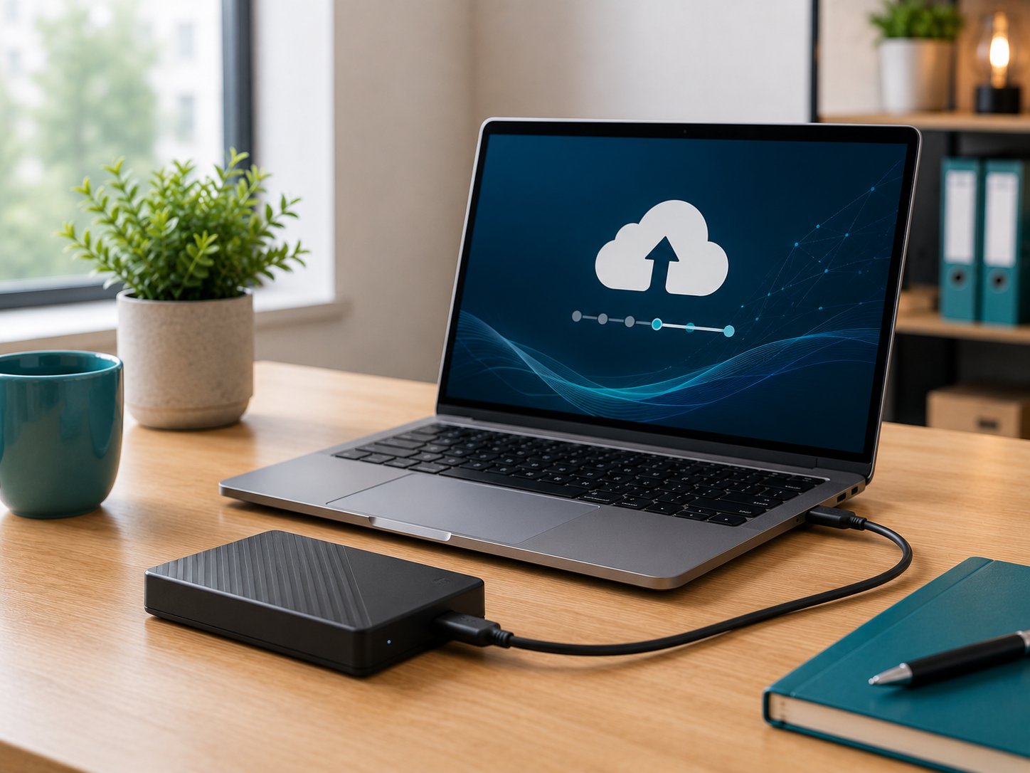 External hard drive connected to a laptop uploading files to cloud backup