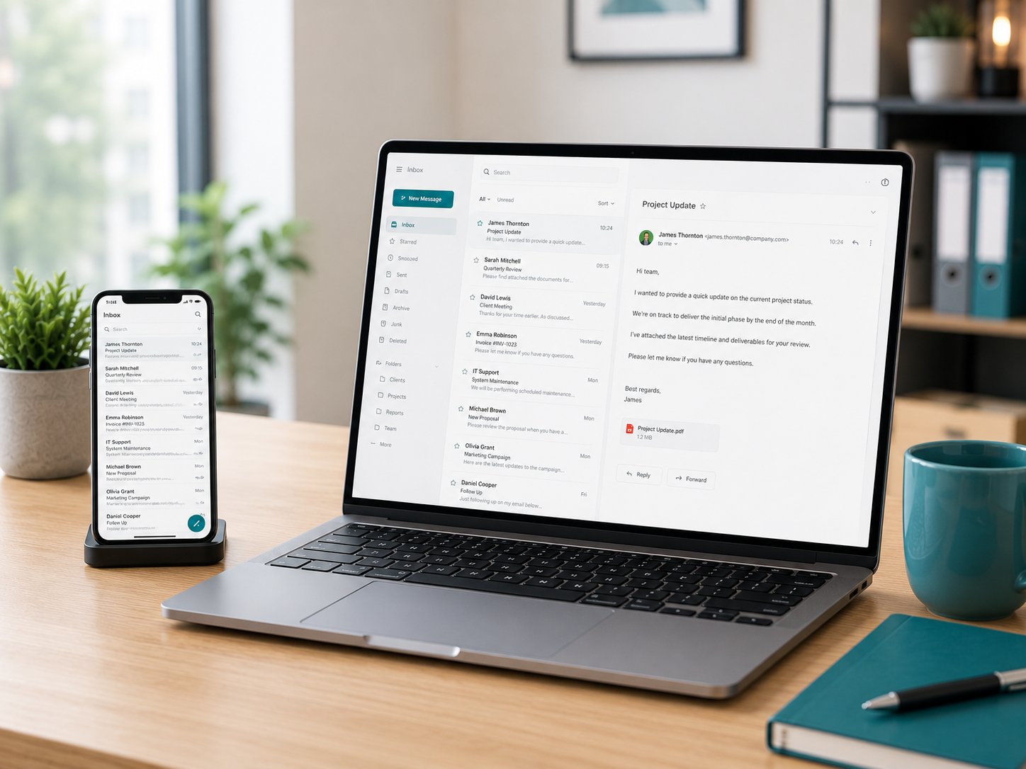 Business email inbox shown on a laptop and phone in a bright office