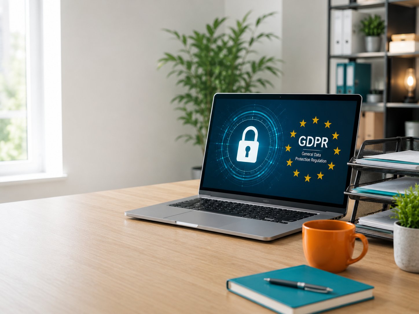 Laptop showing a padlock and GDPR emblem in a bright office