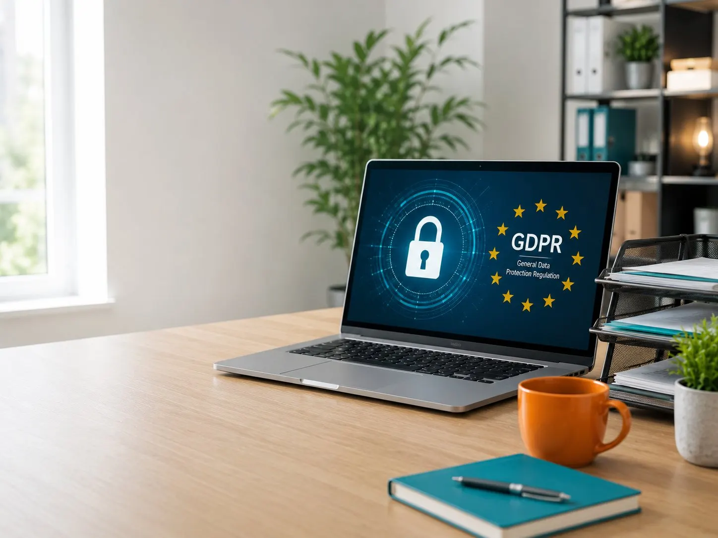 Laptop showing a padlock and GDPR emblem in a bright office