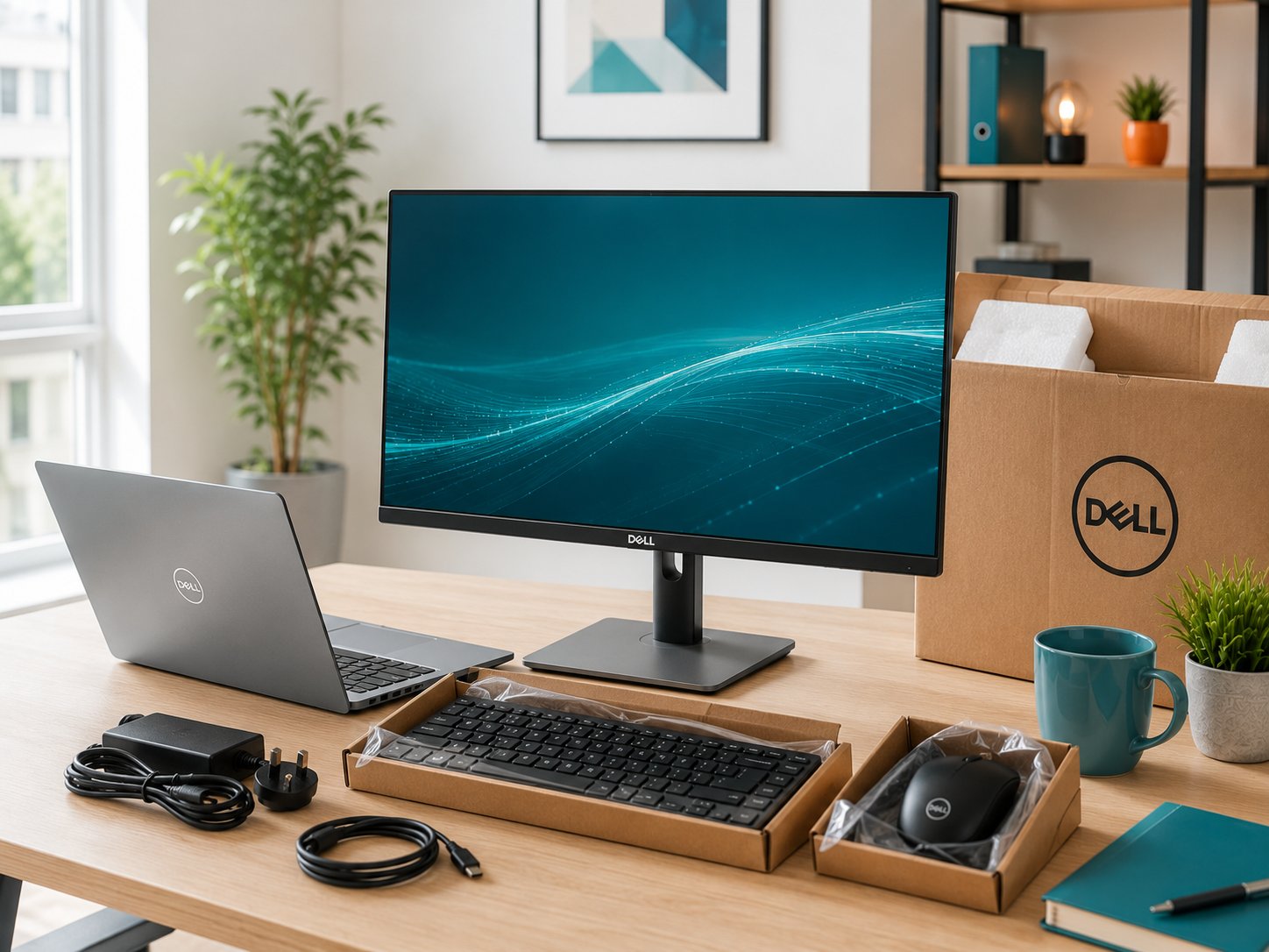 New Dell laptop, monitor, keyboard and mouse being unboxed on an office desk