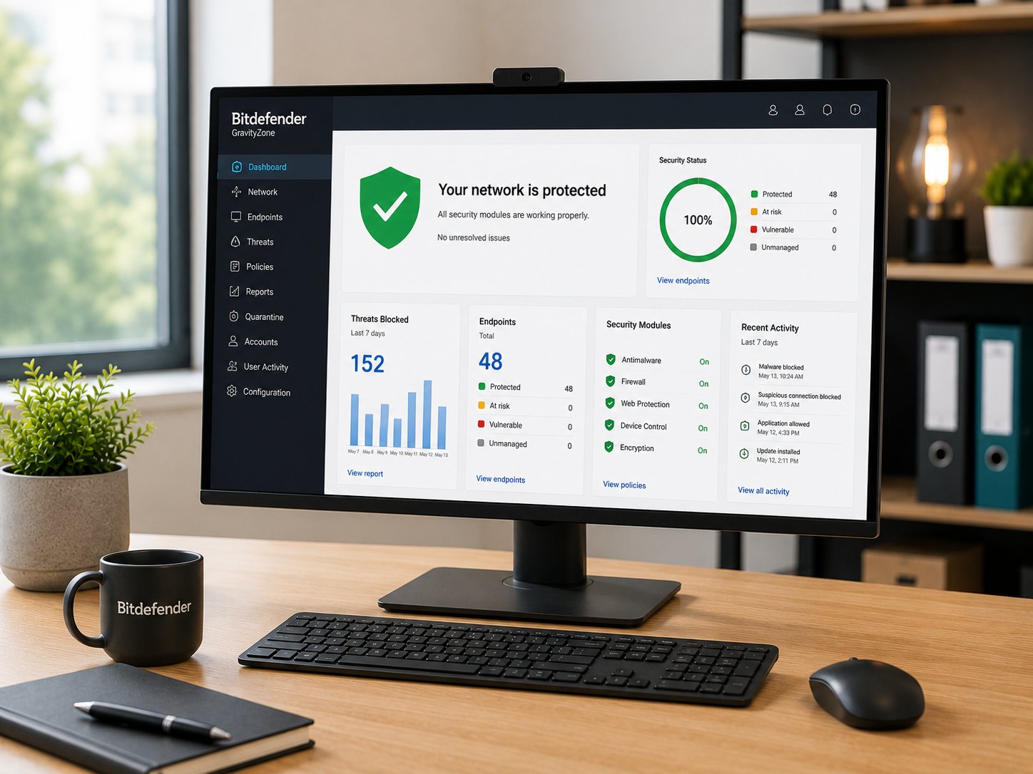 Bitdefender GravityZone security dashboard on a desktop monitor