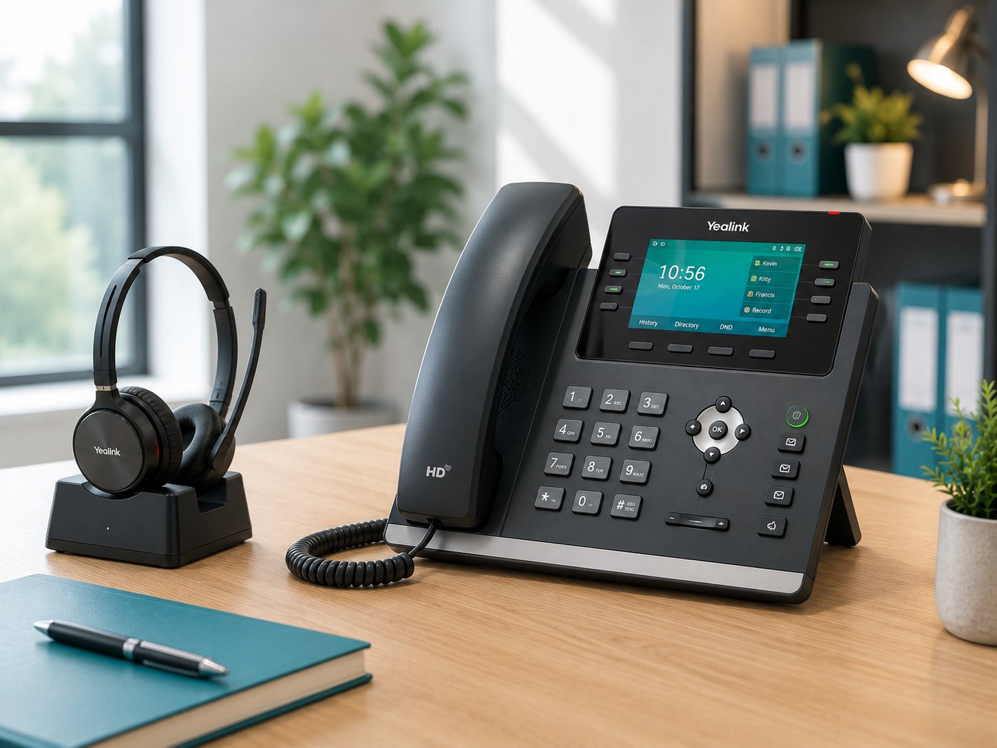 VOIP desk phone with a wireless headset on an office desk