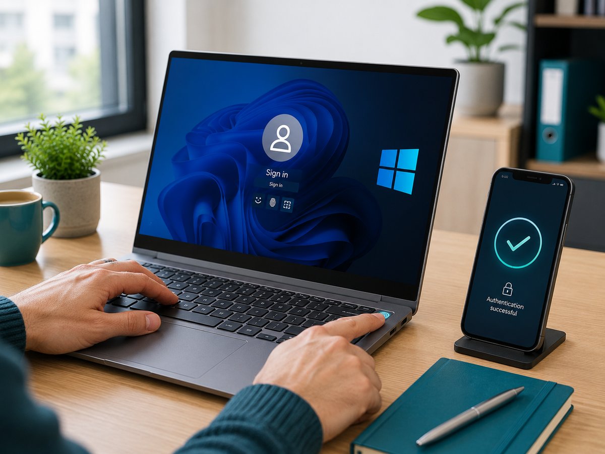Person signing in to a laptop with a fingerprint reader while a phone shows successful multi-factor authentication