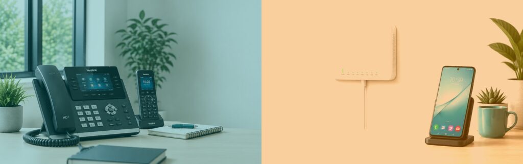Office desk with a Yealink VoIP desk phone and cordless handset beside a wall mounted router and business smartphone, in QLine IT teal and orange