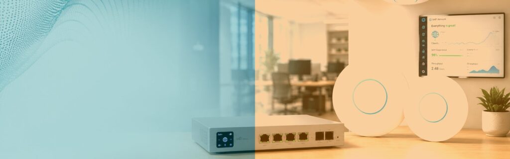 UniFi network gateway with ceiling wifi access points and a network dashboard in a bright office, in QLine IT teal and orange