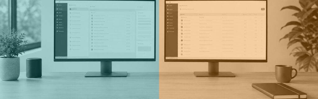 Desk with two monitors showing business software, in QLine IT teal and orange brand colours
