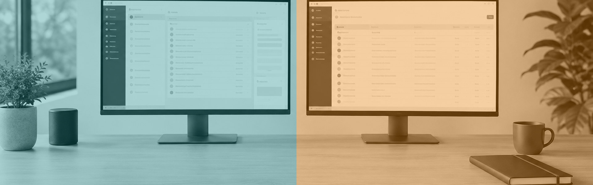 Precinct article banner Desk with two monitors showing business software, in QLine IT teal and orange brand colours