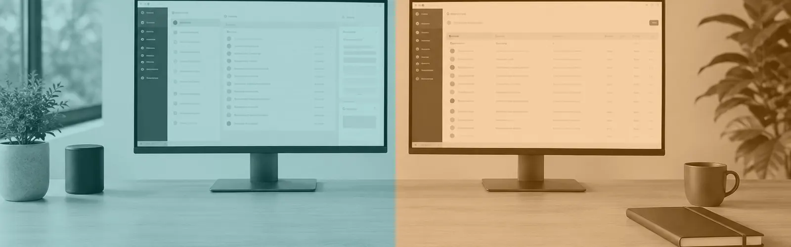 Desk with two monitors showing business software, in QLine IT teal and orange brand colours