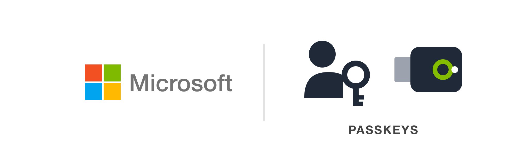 Microsoft logo beside a passkey and security key, illustrating Microsoft's move from text message codes to passkeys