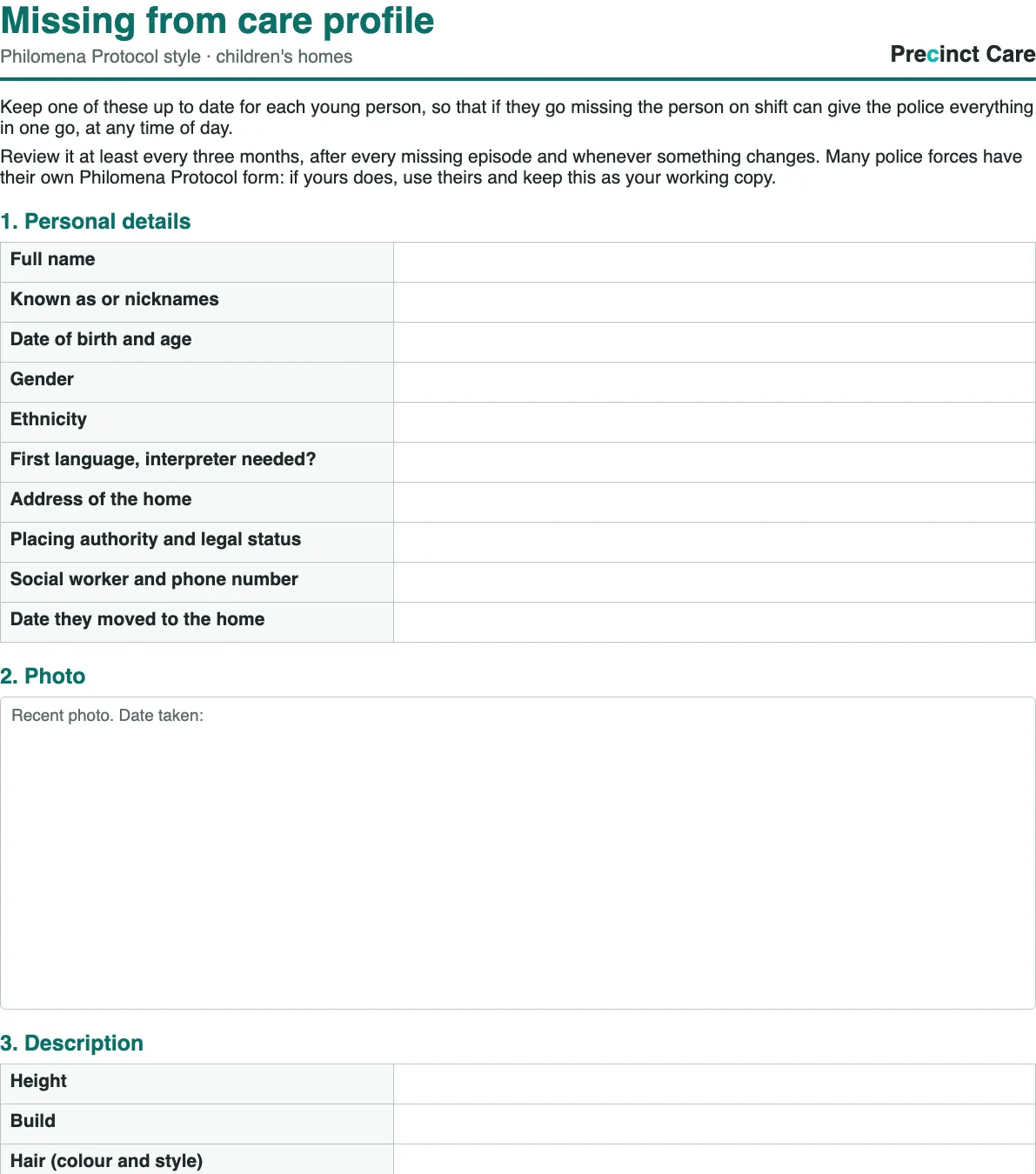 Missing from care profile template for children's homes, Philomena Protocol style