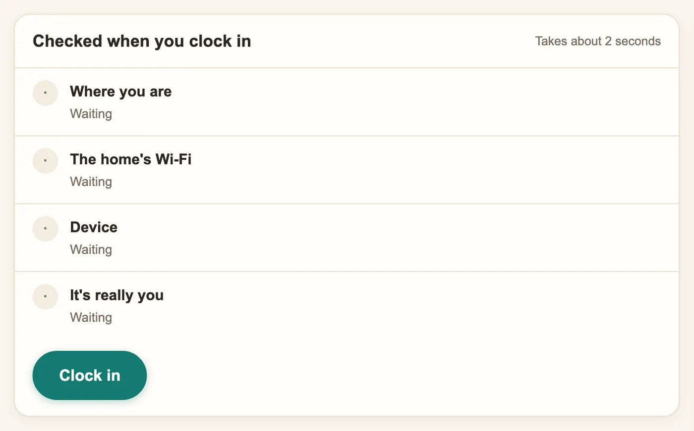 Clocking in at a children's home in Precinct Care, checked by location, Wi-Fi and Face ID