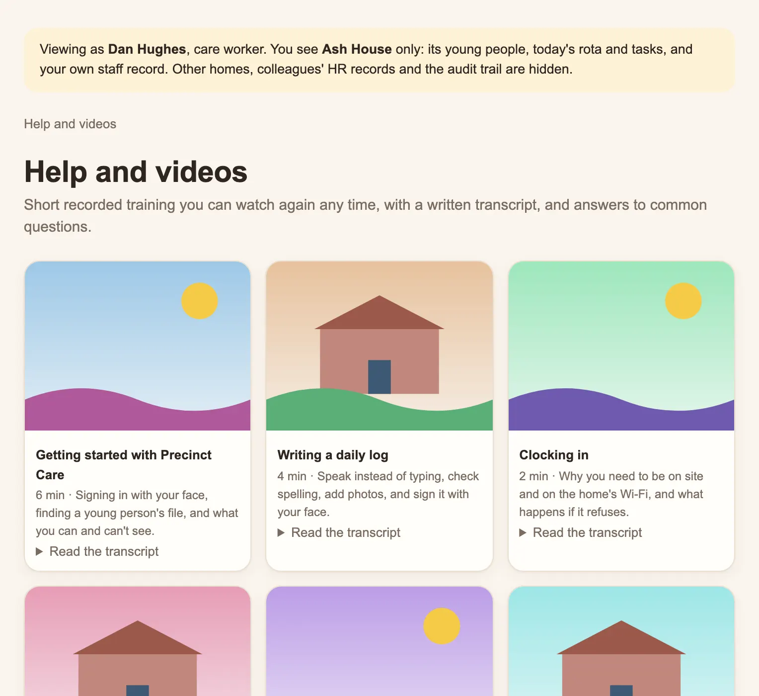 Help and videos in Precinct Care: short recorded training with transcripts