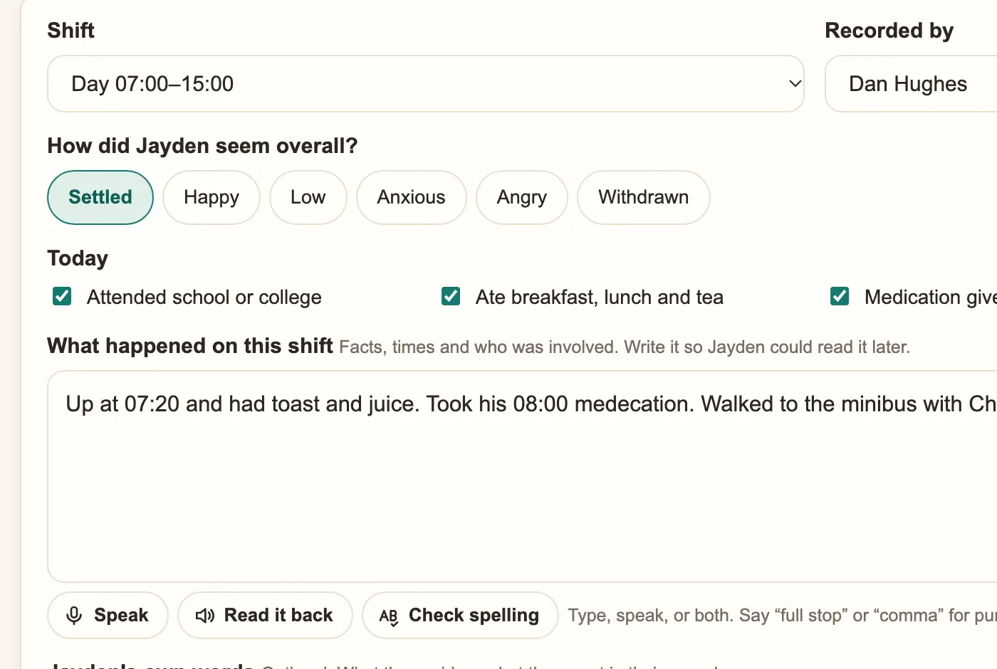 Writing a daily log in Precinct Care with Speak, Read it back and Check spelling buttons