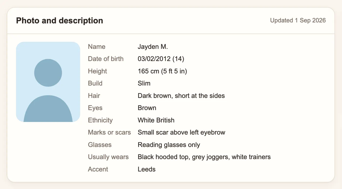 Missing person profile in Precinct Care in the Philomena Protocol format